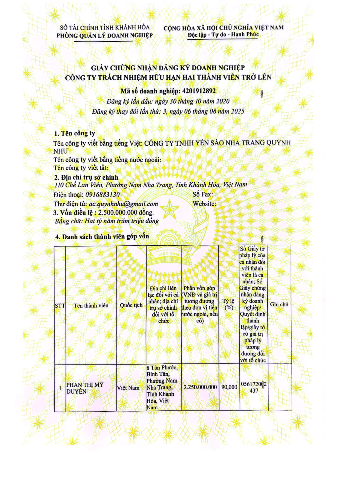 giấy phép đăng ký kinh doanh yến sào quỳnh như